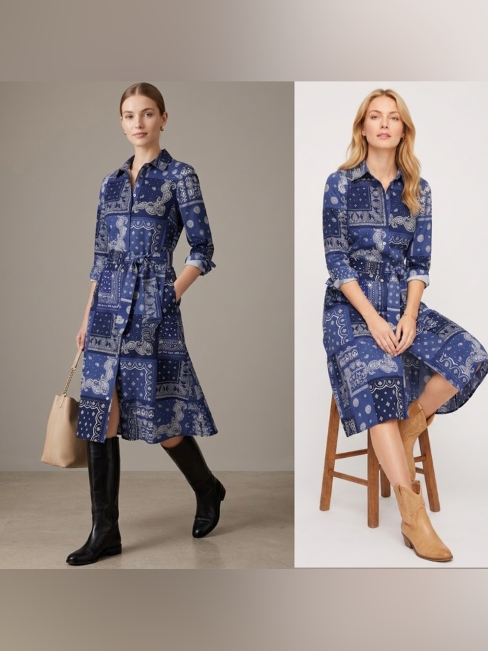 Talbots Paisley Floral Blue Bandana Midi Shirt Dress Long Sleeves Western 14P